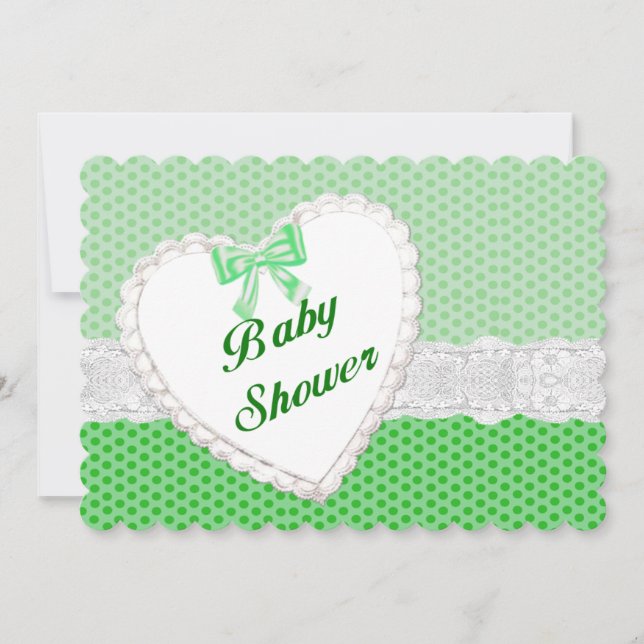 Green Polka Dot Lace Heart Baby Shower Invitation (Front)