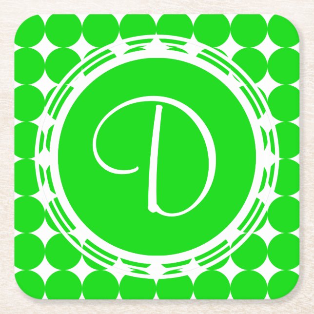 Green Polka Dot Monogram Square Paper Coaster (Front)