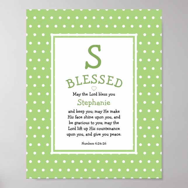 Green Polka Dot Name Blessing Nursery Poster (Front)