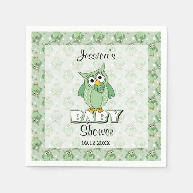Green Polka Dot Owl Baby Shower Theme Napkin (Front)