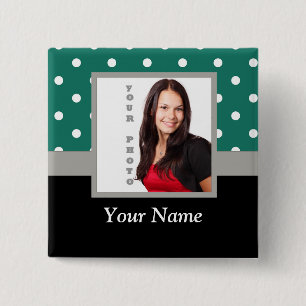 Green polka dot photo template 15 cm square badge
