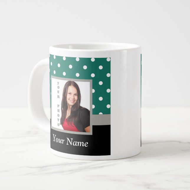 Green polka dot photo template large coffee mug (Front Left)