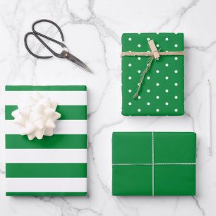 Green Polka Dot Wide Striped and Solid Wrapping Paper Sheet