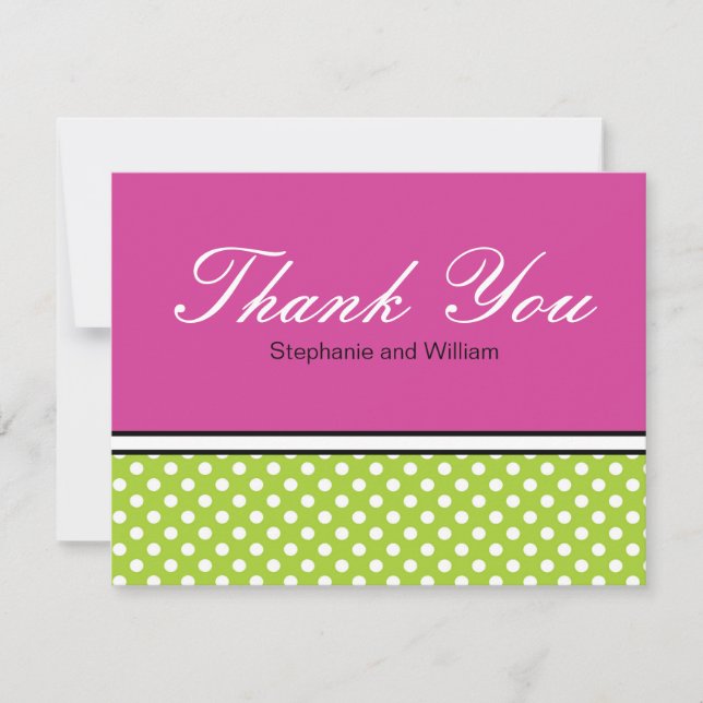 Green Polka Dot With Pink Wedding Thank You Card (Front)