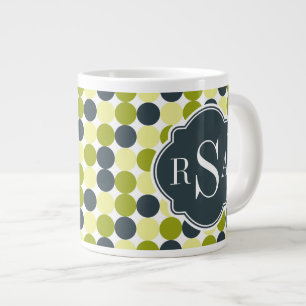 Green Polka Dots and Blue Monogram Large Coffee Mug