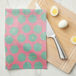 Green Polka Dots and Gold Stars on a Red Kitchen Tea Towel