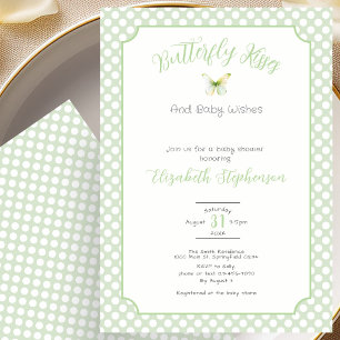 Green Polka Dots Butterfly Kisses Baby Wishes Invitation