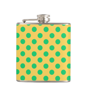 Green polka dots on yellow hip flask