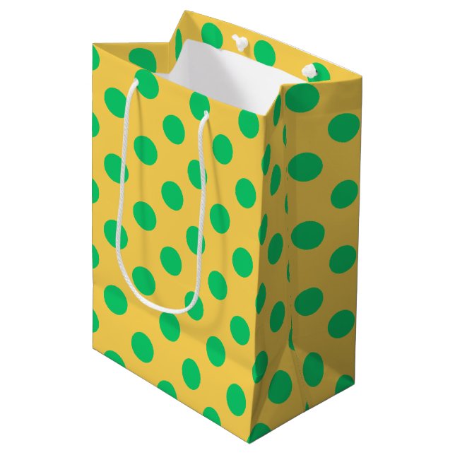 Green polka dots on yellow medium gift bag (Front Angled)