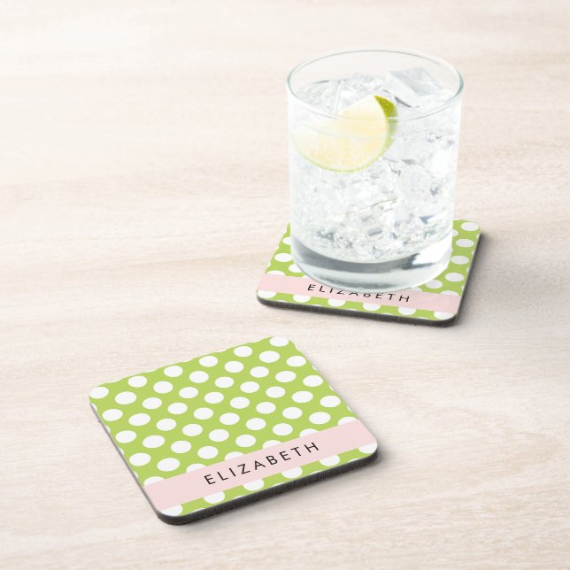 Green Polka Dots, Polka Dot Pattern, Your Name Coaster (Right Side)