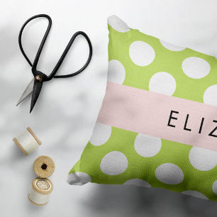 Green Polka Dots, Polka Dot Pattern, Your Name Decorative Cushion
