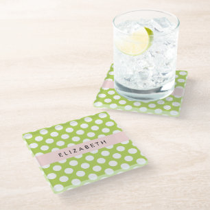 Green Polka Dots, Polka Dot Pattern, Your Name Glass Coaster