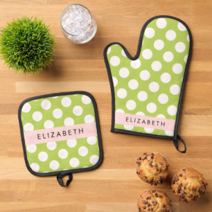 Green Polka Dots, Polka Dot Pattern, Your Name Oven Mitt & Pot Holder Set