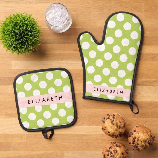 Green Polka Dots, Polka Dot Pattern, Your Name Oven Mitt & Pot Holder Set (Top Down)