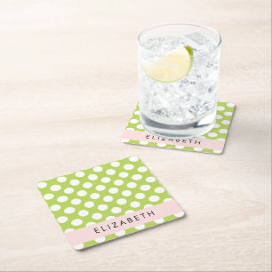 Green Polka Dots, Polka Dot Pattern, Your Name Square Paper Coaster
