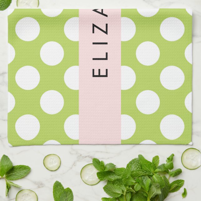 Green Polka Dots, Polka Dot Pattern, Your Name Tea Towel (Folded)
