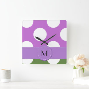 Green Polka Dots, Purple Polka Dots, Monogram Square Wall Clock
