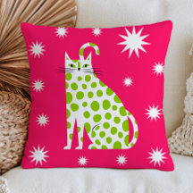Green Polka Dotted White Cat on Pink Modern Feline