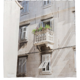 GREEN POTTED PLANT ON BROWN CONCRETE HOUSE BALCONY SHOWER CURTAIN