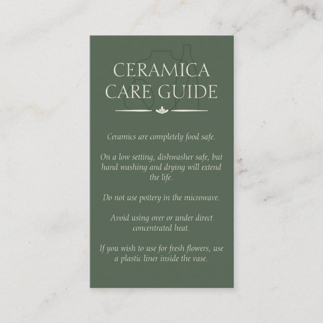 Green Pottery Vase Ceramic Caring Instruction Business Card (Front)