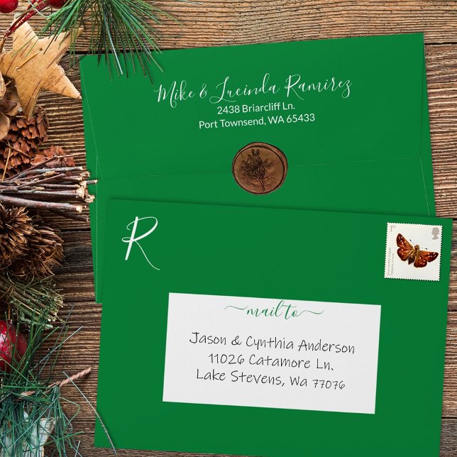 Green Pre-addressed Monogram Envelope (Hunter green, forest green 5x7 invitation envelope with return address printed on back flap)