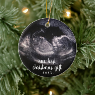 Green Pregnancy Reveal Ultrasound Photo Christmas Ceramic Tree Decoration