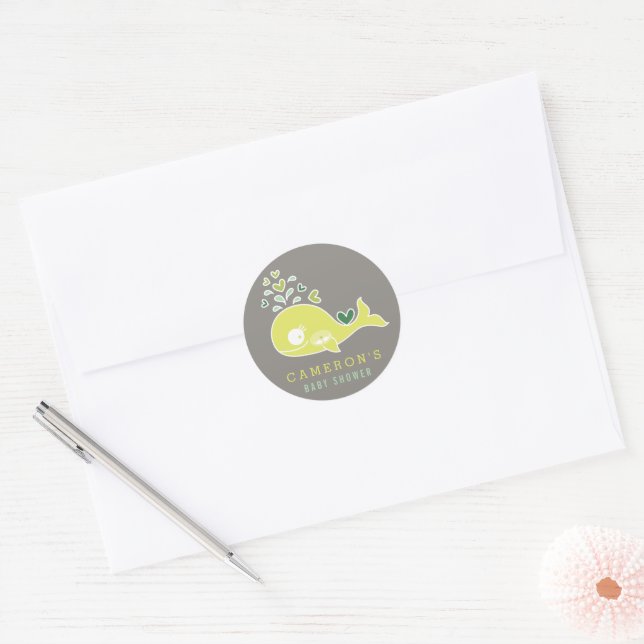 Green Pregnant Mummy Whale With Twins Baby Shower Classic Round Sticker (Envelope)