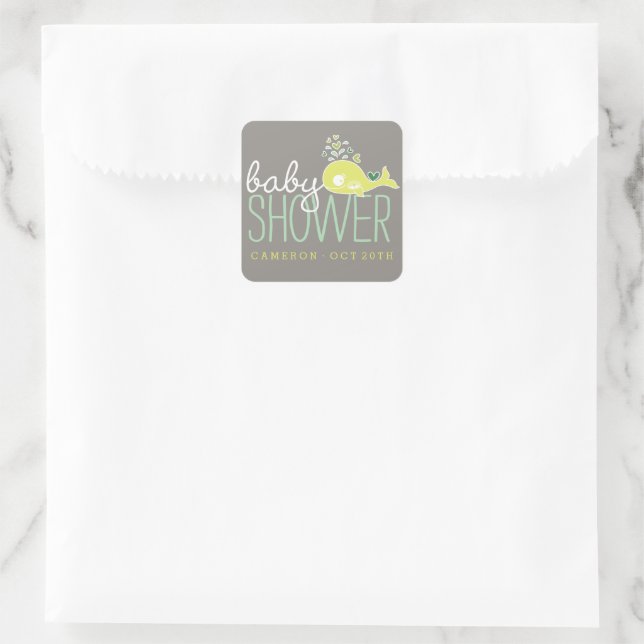 Green Pregnant Mummy Whale With Twins Baby Shower Square Sticker (Bag)