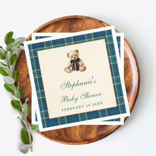 Green Preppy Plaid Vintage Teddy Bear Baby Shower Napkin