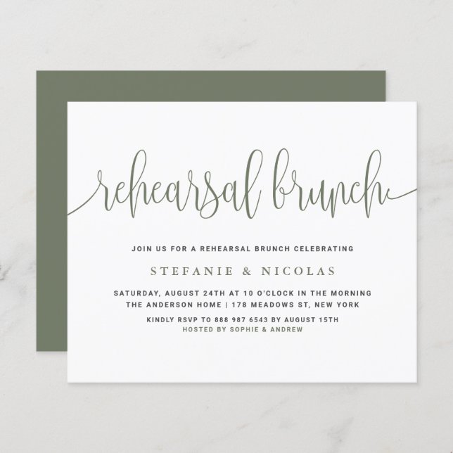 Green Pretty Calligraphy Rehearsal Brunch Invite (Front/Back)