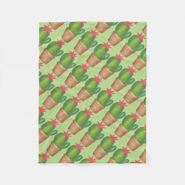 Green Prickly Cactus Flower Potted Plant Succulent Fleece Blanket (Front)