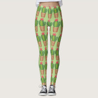 Green Prickly Cactus Potted Plant Flower Leggings