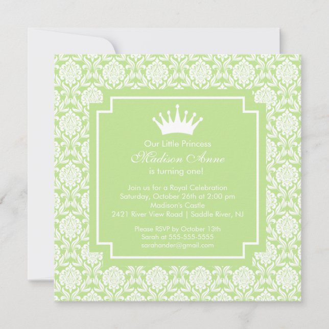 Green Princess Crown Birthday Party Invitation (Front)