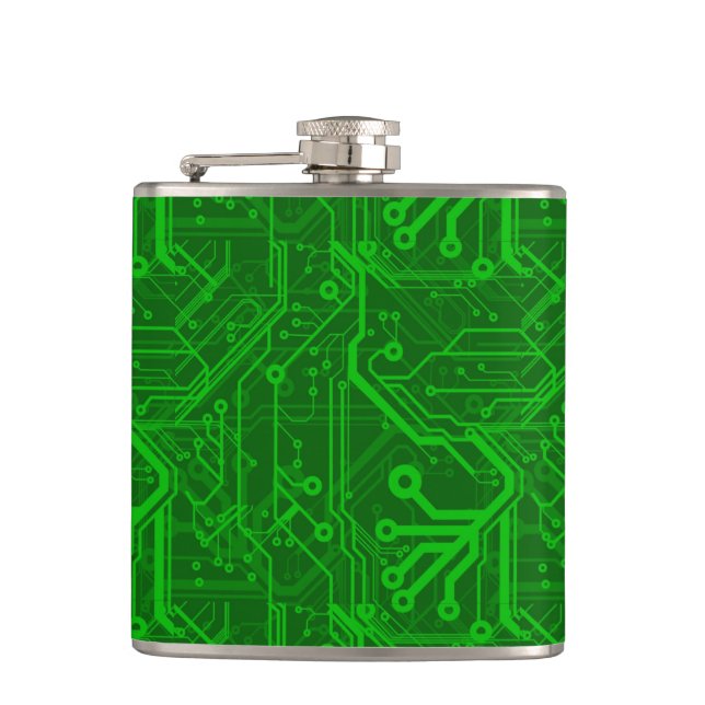 Green Printed Circuit Board Pattern Hip Flask (Front)