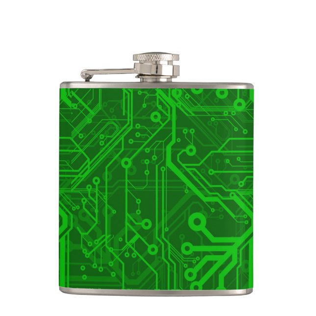 Green Printed Circuit Board Pattern Hip Flask (Front)