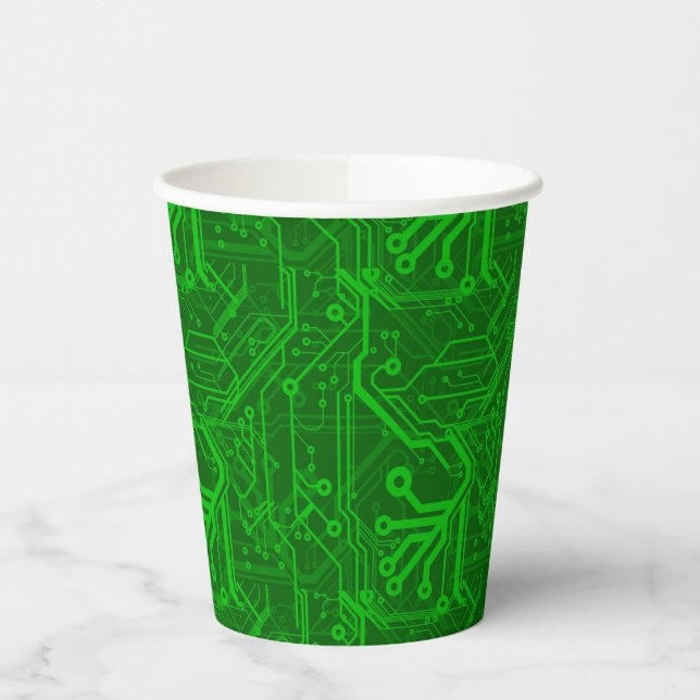 Green Printed Circuit Board Pattern Paper Cups (Left)