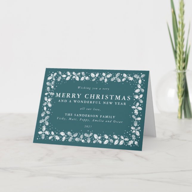 Green Printed Holly+Berries Border Merry Christmas Holiday Card (Front)