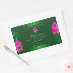Green Product Labels Pink Flowers with Palm Leaves