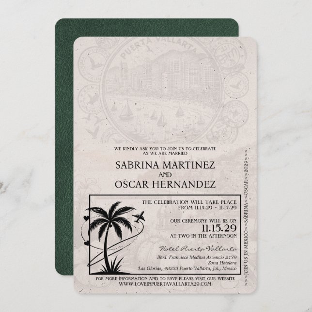 Green Puerta Vallarta Passport Wedding Invitation (Front/Back)