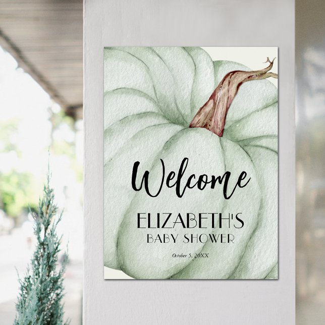 Green Pumpkin Fall Baby Shower Welcome Poster (Green Pumpkin Fall Baby Shower Welcome Sign Poster)