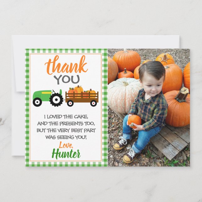 Green Pumpkin Tractor Thank You Card (Front)