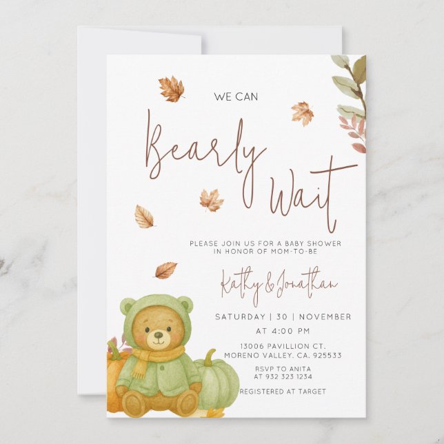 Green Pumpkin We can Bearly Wait Baby Shower Invitation (Front)