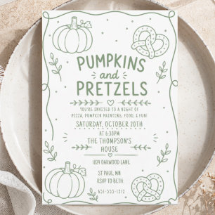 green Pumpkins Pretzels Party Minimalist Doodle Invitation