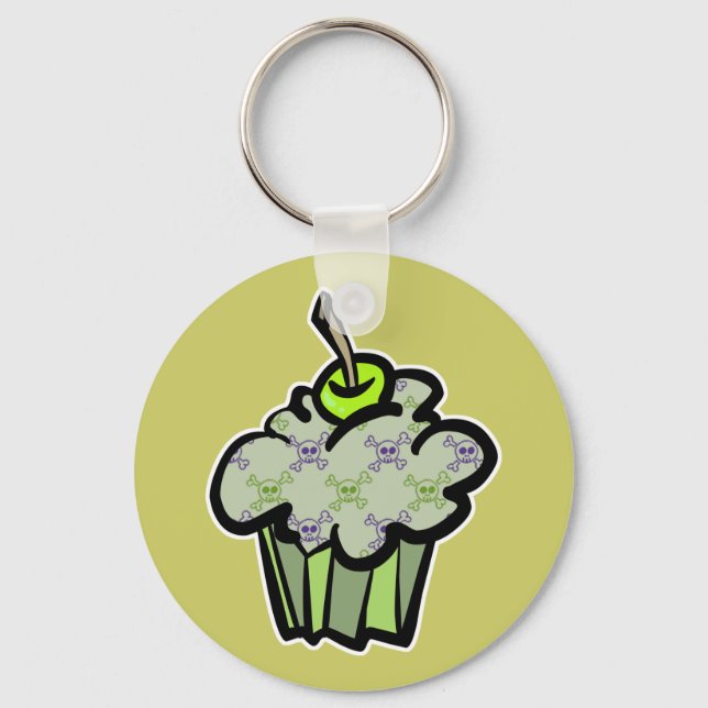 green punk skull crossbones cupcake key ring (Front)