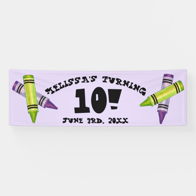 Green Purple Artist Crayons Child Birthday Party Banner (Horizontal)