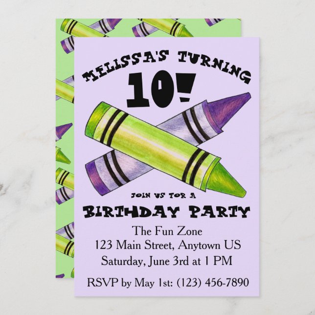 Green Purple Artist Crayons Child Birthday Party Invitation (Front/Back)