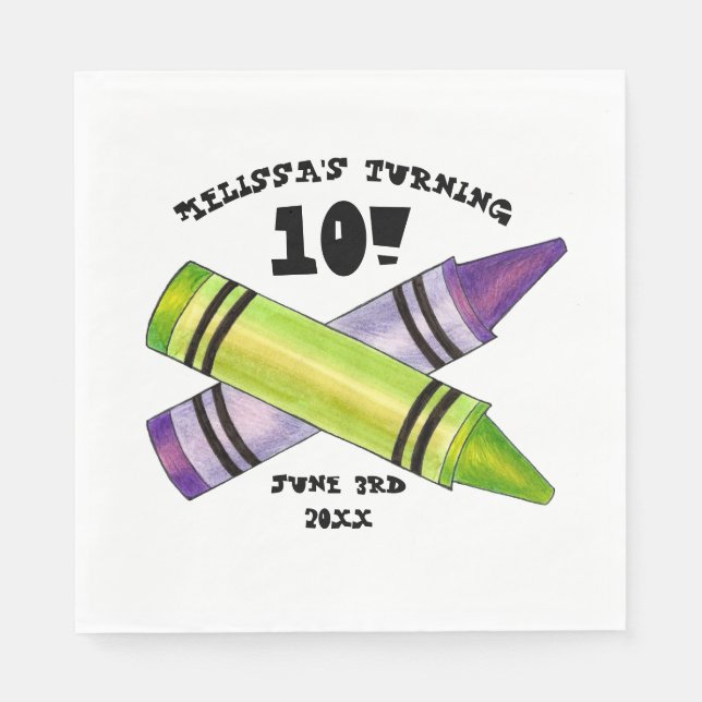 Green Purple Artist Crayons Child Birthday Party Napkin (Front)