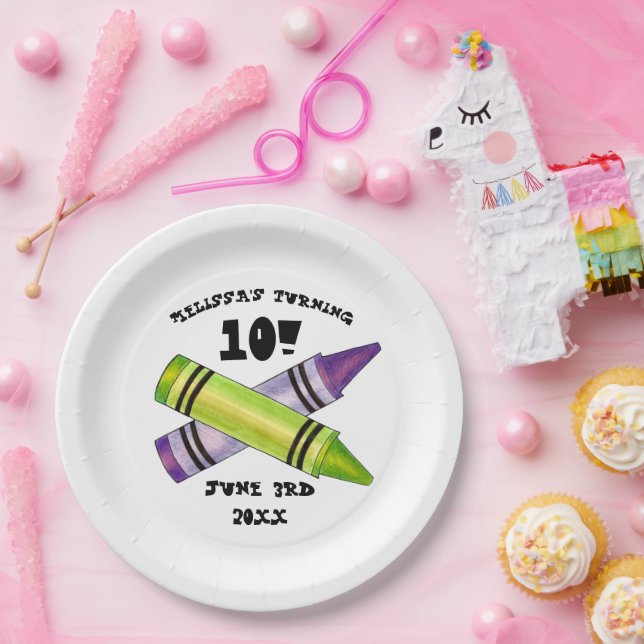 Green Purple Artist Crayons Child Birthday Party Paper Plate (Party)
