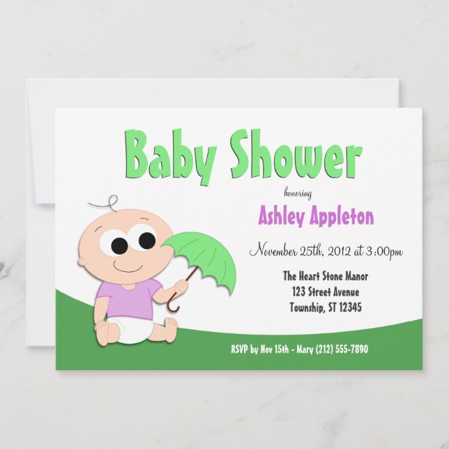 Green & Purple Baby Umbrella - Shower Invitations (Front)