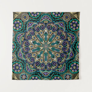 Green Purple Black and Taupe Mandala Wall Tapestry